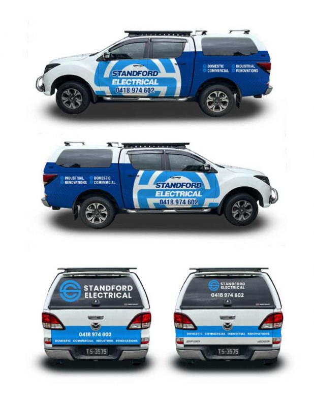 Commercial vehicle and car wrapping design example for an electrician