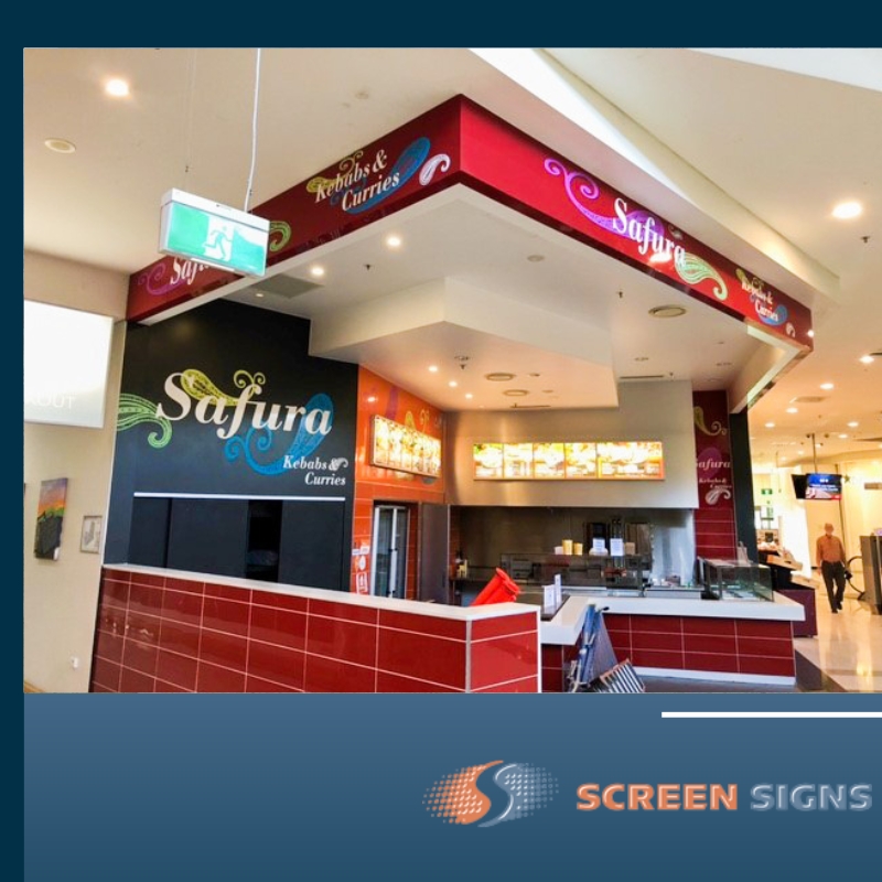 Shopping centre take away shop retail signage in Cardiff, Newcastle